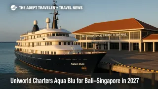 Aqua Blu alongside at Bali's cruise terminal ahead of Uniworld's 2027 Bali to Singapore expedition charter
