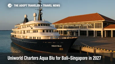 Aqua Blu alongside at Bali's cruise terminal ahead of Uniworld's 2027 Bali to Singapore expedition charter