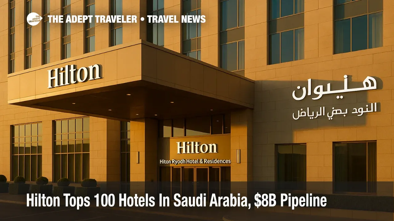 Hilton Riyadh Hotel & Residences entrance and façade in warm late afternoon light, supplier news on Hilton's Saudi expansion