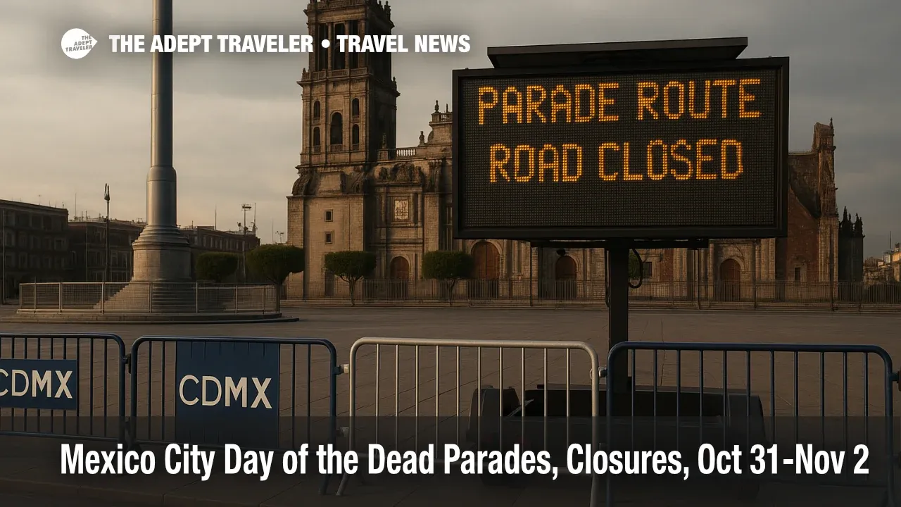 Zócalo road closure sign and barricades with the Metropolitan Cathedral in view during Day of the Dead parade route in Mexico City