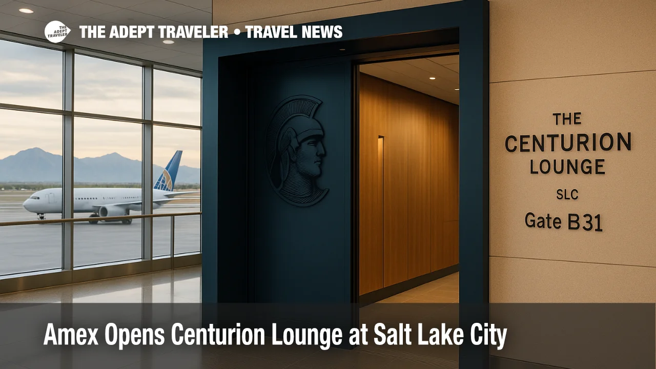 Amex Centurion Lounge entrance in SLC Concourse B near Gate B31, with Wasatch Mountain views through windows and clear Centurion Lounge signage