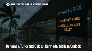 Storm-dark curbside at Nassau airport with departures board reading "Schedule Changes Likely," wet reflections and gusting palms signal Hurricane Melissa impacts