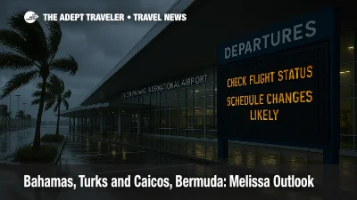 Storm-dark curbside at Nassau airport with departures board reading