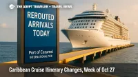 Digital totem at Cozumel's International Pier announces rerouted arrivals as cruise ships swap ports, illustrating Caribbean cruise itinerary changes