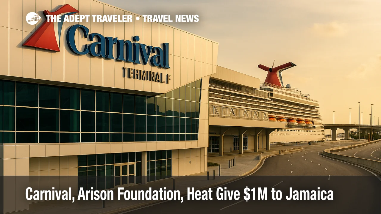 Carnival Cruise Line Terminal F at PortMiami with ship funnel visible, illustrating $1M Jamaica relief donation after Hurricane Melissa