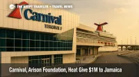 Carnival Cruise Line Terminal F at PortMiami with ship funnel visible, illustrating $1M Jamaica relief donation after Hurricane Melissa