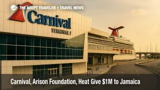 Carnival Cruise Line Terminal F at PortMiami with ship funnel visible, illustrating $1M Jamaica relief donation after Hurricane Melissa