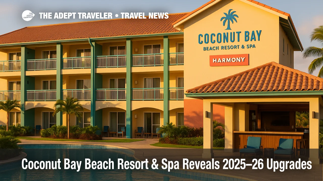 Refreshed Harmony wing at Coconut Bay Beach Resort & Spa in Saint Lucia, showing updated façade, pool deck, and bar area after a $ 14,000,000 renovation