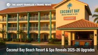 Refreshed Harmony wing at Coconut Bay Beach Resort & Spa in Saint Lucia, showing updated façade, pool deck, and bar area after a $ 14,000,000 renovation