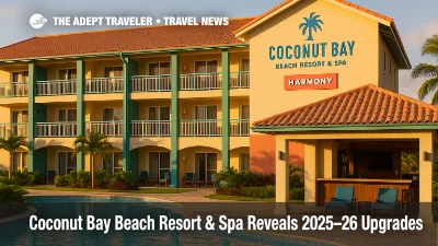 Refreshed Harmony wing at Coconut Bay Beach Resort & Spa in Saint Lucia, showing updated façade, pool deck, and bar area after a $ 14,000,000 renovation