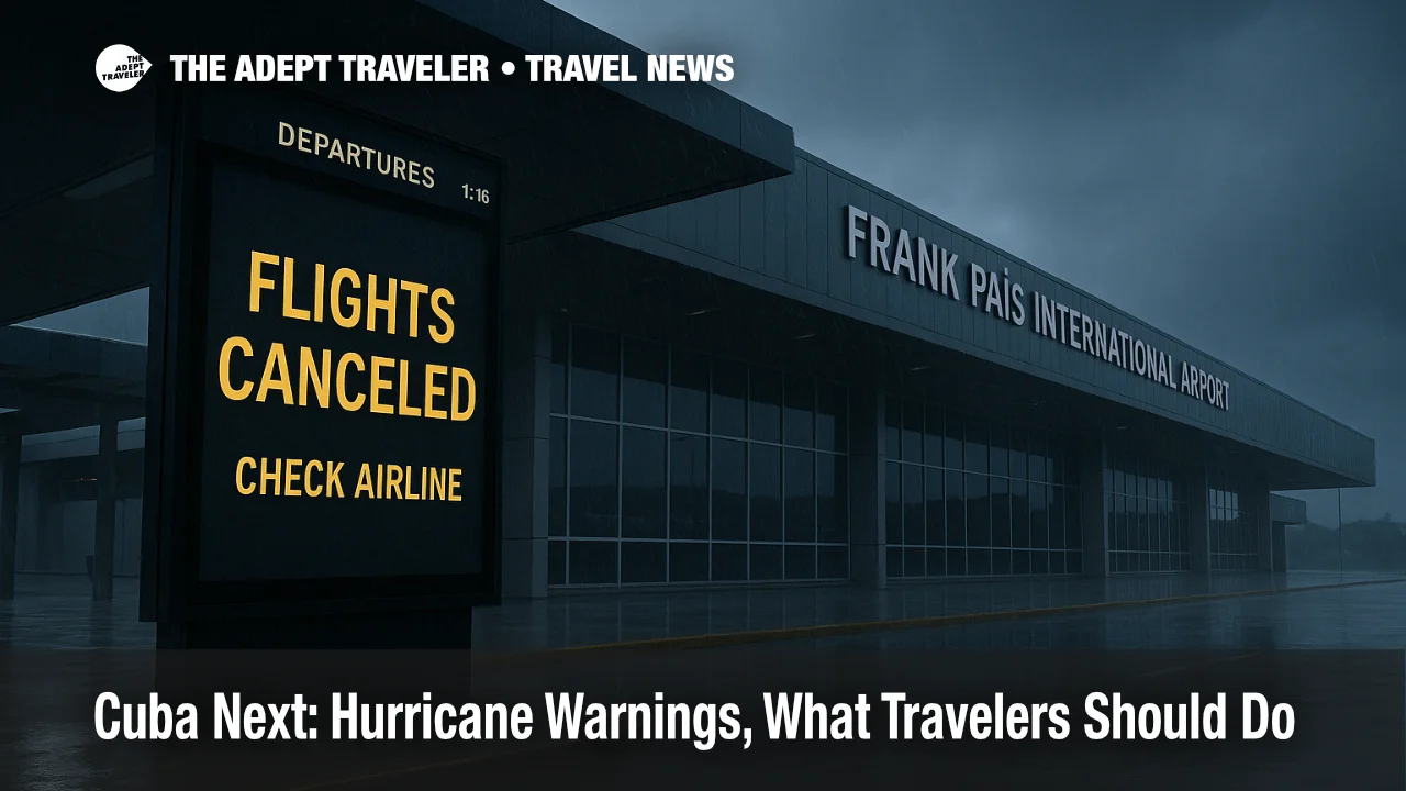 Storm-dark scene at Holguín's Frank País International Airport with a "Flights Canceled" departures board, wet reflections, and rain streaks during Melissa