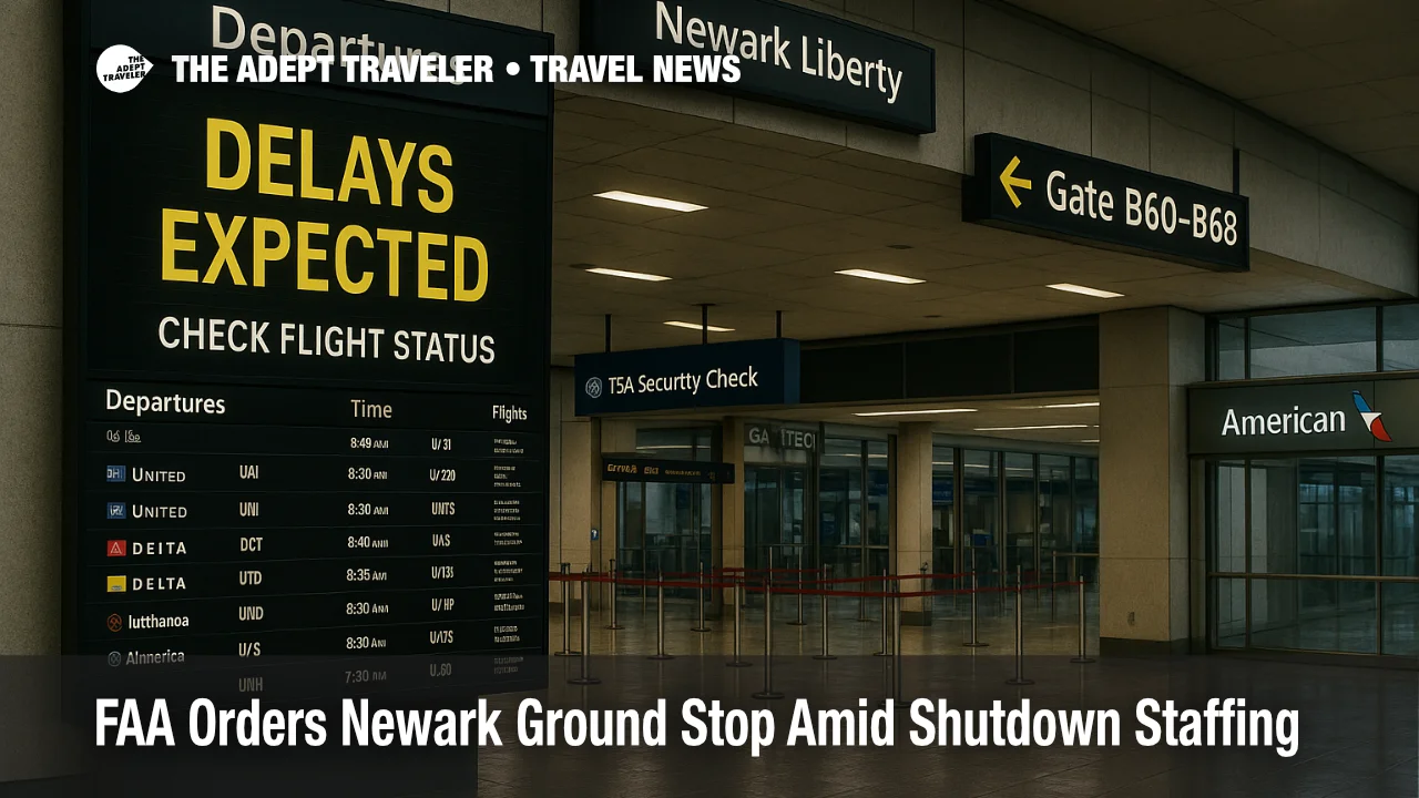 Departures board at Newark Liberty warns of delays during FAA ground stop amid government shutdown, empty concourse with wet reflections