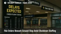Departures board at Newark Liberty warns of delays during FAA ground stop amid government shutdown, empty concourse with wet reflections