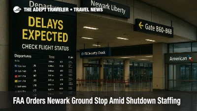 Departures board at Newark Liberty warns of delays during FAA ground stop amid government shutdown, empty concourse with wet reflections