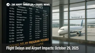 Departures board at San Francisco International Airport shows "Ground Delay Program Possible," advising travelers to check flight status amid potential delays