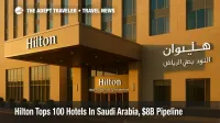 Hilton Riyadh Hotel & Residences entrance and façade in warm late afternoon light, supplier news on Hilton's Saudi expansion