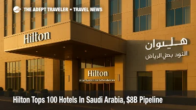Hilton Riyadh Hotel & Residences entrance and façade in warm late afternoon light, supplier news on Hilton's Saudi expansion