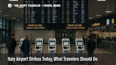 Departures board at Milan Linate with strike notices and check-in kiosks visible during Italy airport strikes today