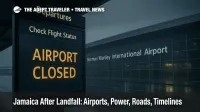 Storm-dark curbside at Kingston's Norman Manley International Airport with a departures board reading Airport Closed, wet reflections and rain signal post-landfall delays