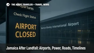 Storm-dark curbside at Kingston's Norman Manley International Airport with a departures board reading Airport Closed, wet reflections and rain signal post-landfall delays