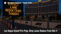 Blue-hour Las Vegas Strip at Bellagio with lane-reduction cones and F1 barriers, signaling Las Vegas Grand Prix traffic restrictions and detours