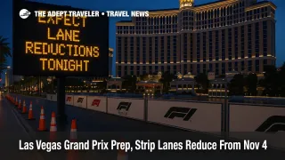 Blue-hour Las Vegas Strip at Bellagio with lane-reduction cones and F1 barriers, signaling Las Vegas Grand Prix traffic restrictions and detours