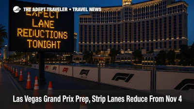Blue-hour Las Vegas Strip at Bellagio with lane-reduction cones and F1 barriers, signaling Las Vegas Grand Prix traffic restrictions and detours