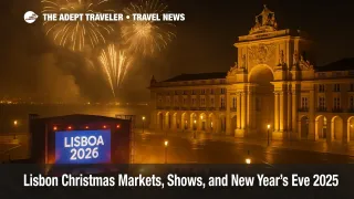 New Year's Eve concert stage and fireworks setup at Praça do Comércio in Lisbon, with "Lisboa 2026" screen and riverfront lights