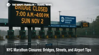Verrazzano-Narrows Bridge toll plaza with "Bridge Closed 7:00 a.m.-4:00 p.m. Sun Nov 2" advisory, illustrating NYC Marathon closures