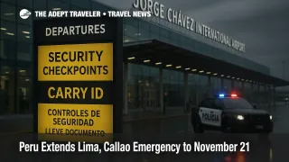 Security checkpoints and police lights reflected outside Jorge Chávez International Airport during Peru state of emergency, departures board reads carry ID and expect screening