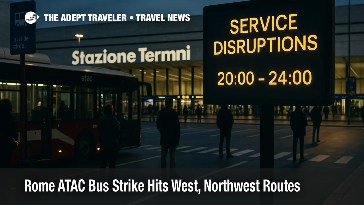 Rome Termini ATAC bus stands at dusk with "Service Disruptions 20:00-24:00" notice, illustrating ATAC bus strike and traveler impact