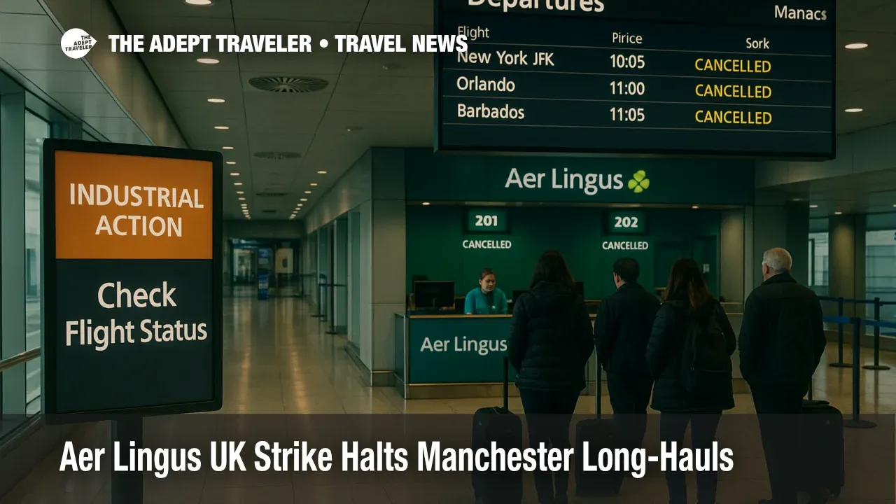 Passengers at Manchester Airport check an Aer Lingus strike notice near the T2 gates, with a departures board showing canceled flights to New York, Orlando, and Barbados
