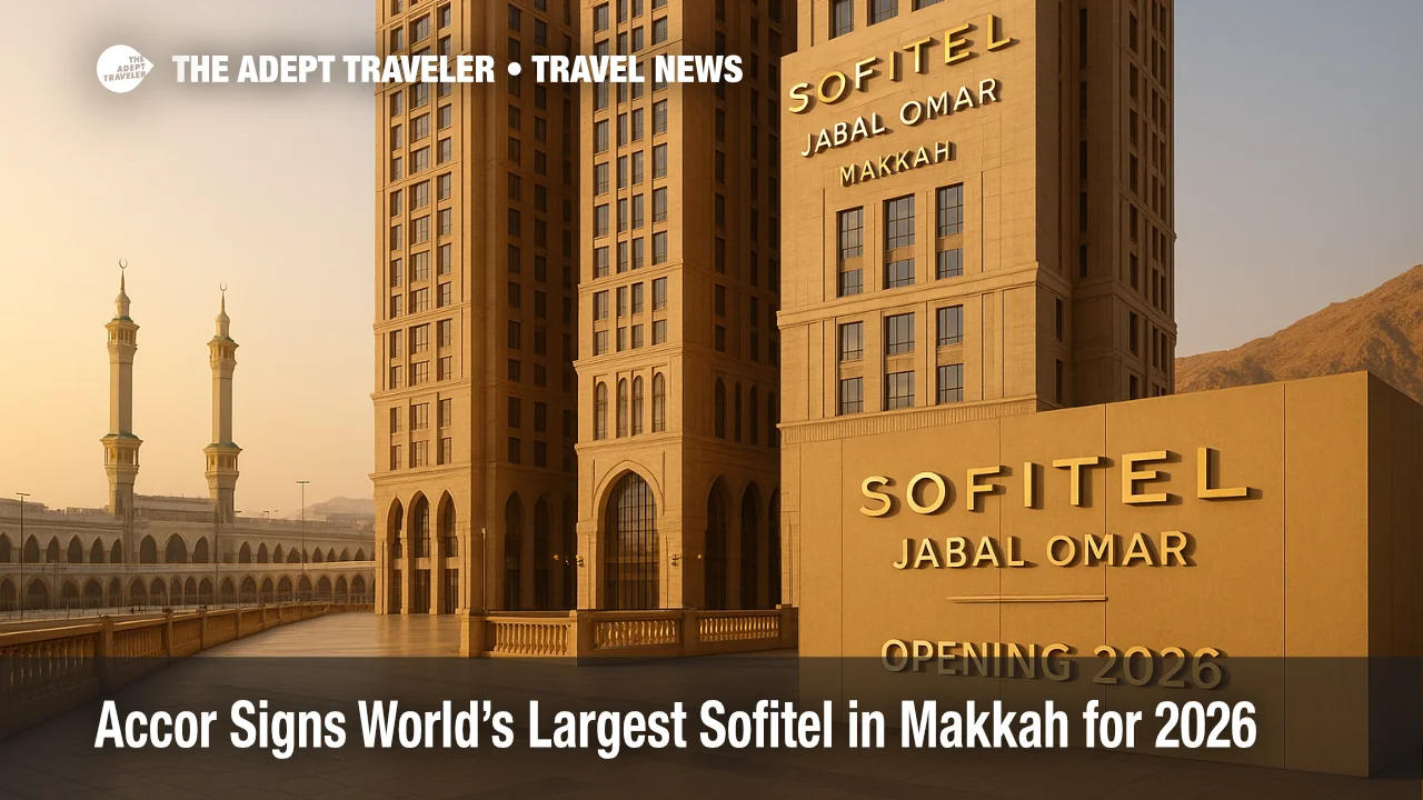Golden-hour view of Jabal Omar towers with Sofitel Jabal Omar Makkah signage, near the Holy Mosque, illustrating supplier expansion in 2026