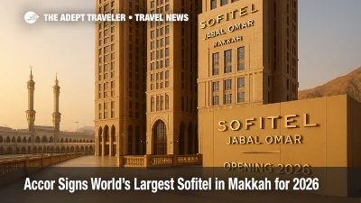 Golden-hour view of Jabal Omar towers with Sofitel Jabal Omar Makkah signage, near the Holy Mosque, illustrating supplier expansion in 2026