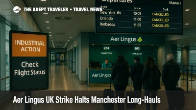 Passengers at Manchester Airport check an Aer Lingus strike notice near the T2 gates, with a departures board showing canceled flights to New York, Orlando, and Barbados