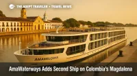 AmaWaterways AmaMelodia docked on the Magdalena River at Mompox, colonial façades behind, showcasing the new Colombia river cruise program