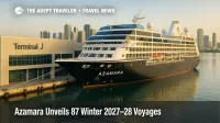 Azamara ship at PortMiami Terminal J with terminal signage, highlighting Azamara Cruises Winter 2027-28 itineraries and new maiden ports