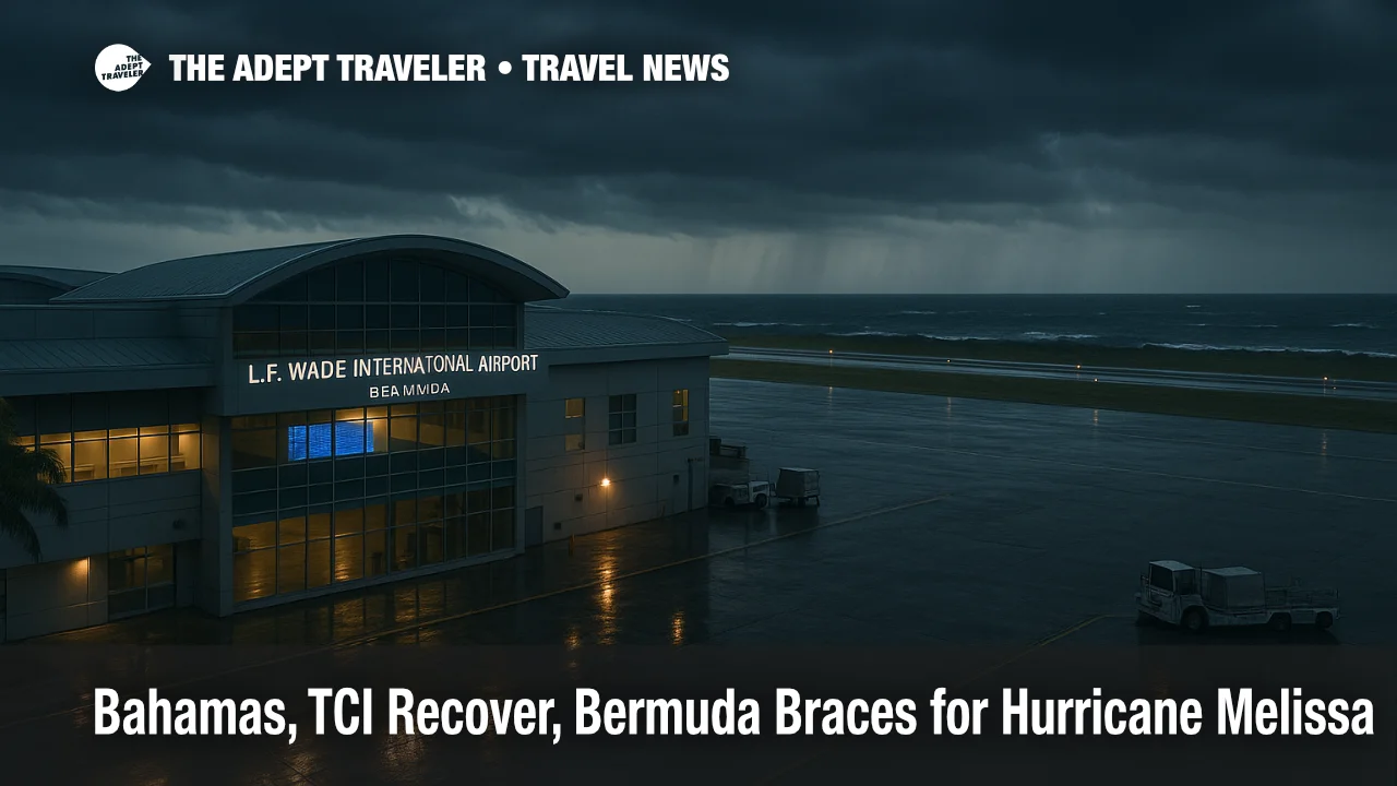 Storm-dark ramp at L.F. Wade International Airport as Hurricane Melissa nears Bermuda, departures board advising travelers to check flight status