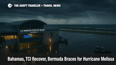Storm-dark ramp at L.F. Wade International Airport as Hurricane Melissa nears Bermuda, departures board advising travelers to check flight status
