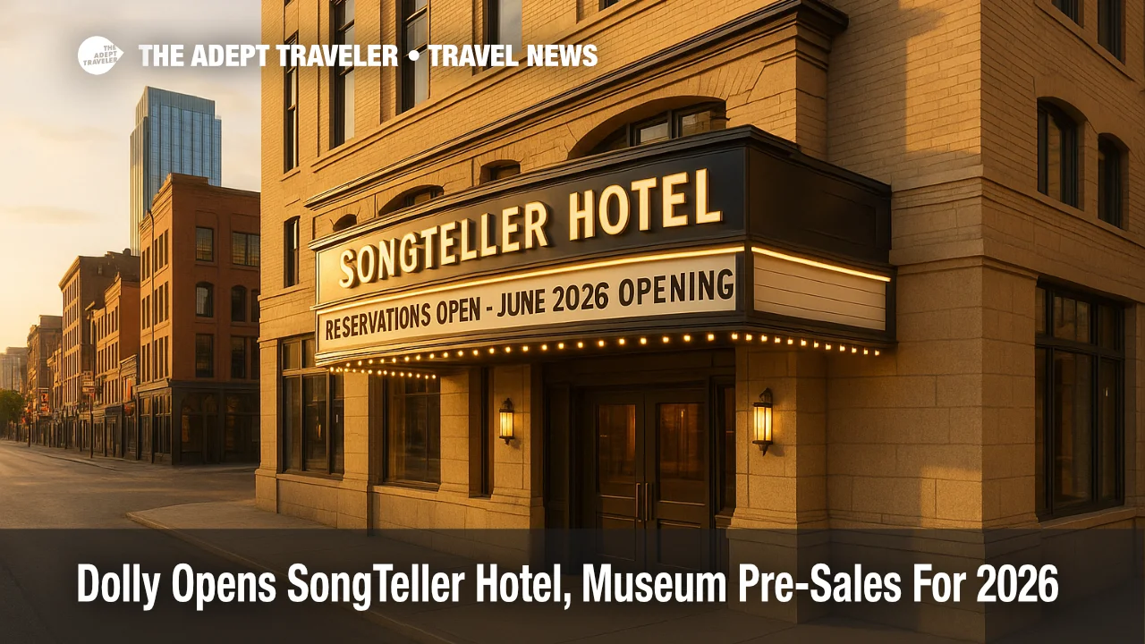 SongTeller Hotel entrance in downtown Nashville with marquee announcing June 2026 opening and reservations now open