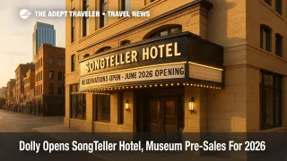 SongTeller Hotel entrance in downtown Nashville with marquee announcing June 2026 opening and reservations now open