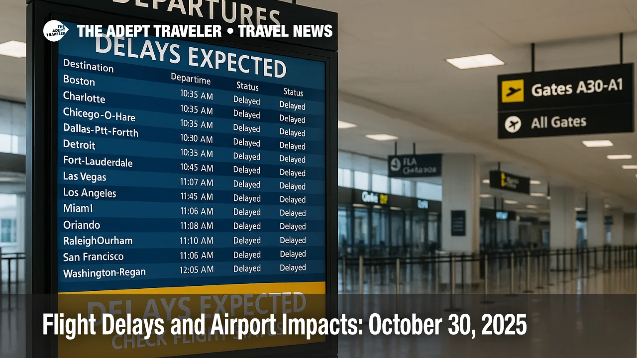Newark departures board with "Delays Expected" notice under bright overcast light, illustrating flight delays and airport impacts for October 30, 2025