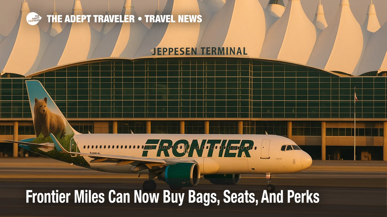 Frontier Airlines A320neo taxiing past Denver’s Jeppesen Terminal at golden hour, illustrating Frontier Miles bundles