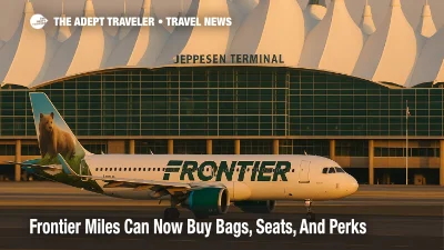 Frontier Airlines A320neo taxiing past Denver’s Jeppesen Terminal at golden hour, illustrating Frontier Miles bundles