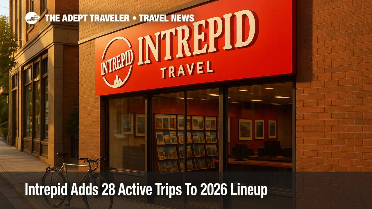A realistic exterior of Intrepid Travel's Melbourne headquarters with red logo signage, signaling supplier news on new 2026 active trips