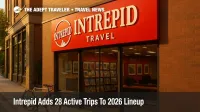 A realistic exterior of Intrepid Travel's Melbourne headquarters with red logo signage, signaling supplier news on new 2026 active trips