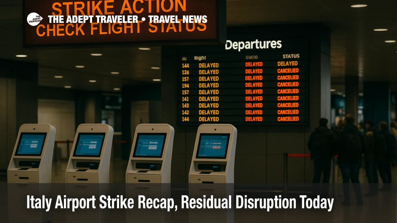 Overcast interior at Milan Linate with queues at kiosks and a departures board showing delays during Italy airport strike disruption