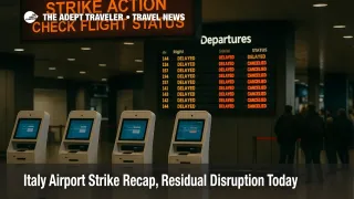 Overcast interior at Milan Linate with queues at kiosks and a departures board showing delays during Italy airport strike disruption