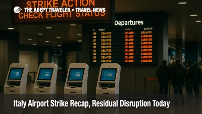 Overcast interior at Milan Linate with queues at kiosks and a departures board showing delays during Italy airport strike disruption