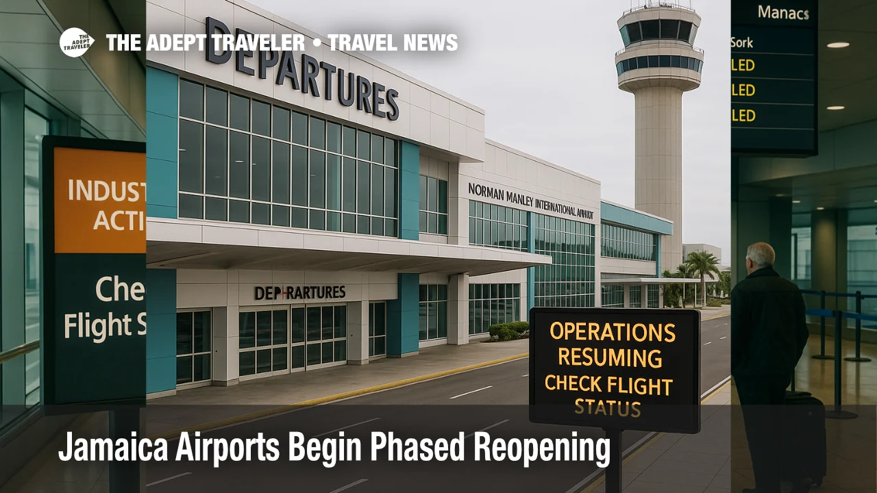 Kingston's Norman Manley International Airport curbside on reopening day, departures sign and tower visible, operations resuming after Hurricane Melissa